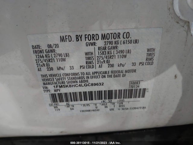 2020 FORD EXPLORER PLATINUM VIN: 1FM5K8HC4LGC89632