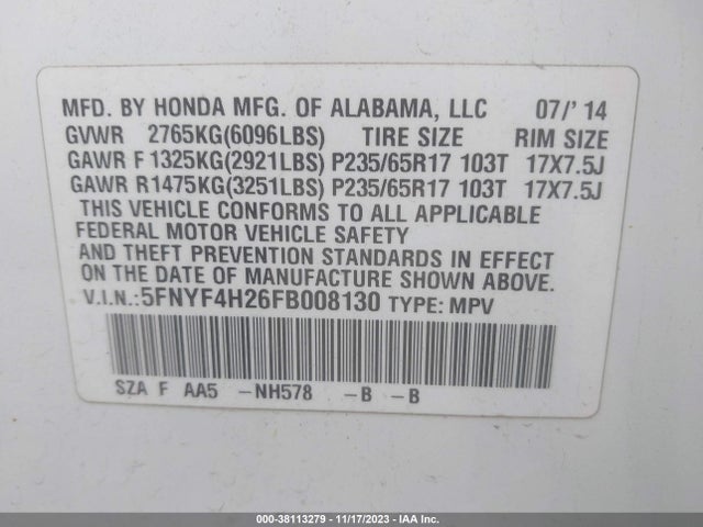 Honda PILOT LX 2015 5FNYF4H26FB008130 Image 9
