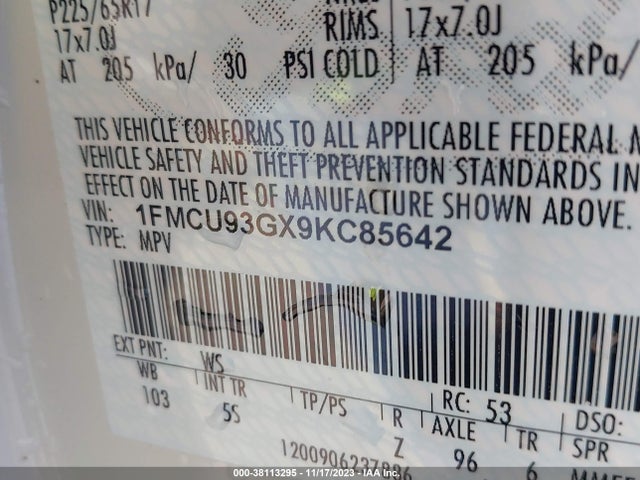 2009 FORD ESCAPE XLT VIN: 1FMCU93GX9KC85642