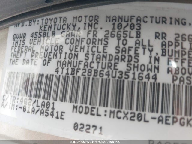 2004 TOYOTA AVALON XLS VIN: 4T1BF28B64U351644