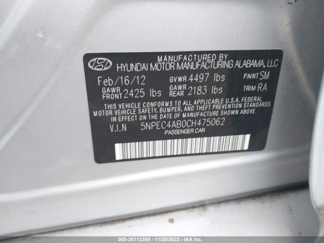 2012 HYUNDAI SONATA LIMITED 2.0T VIN: 5NPEC4AB0CH475062