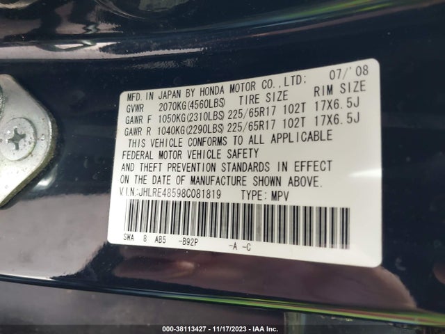2008 HONDA CR-V EX VIN: JHLRE48598C081819