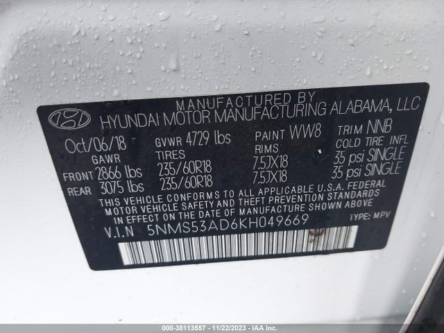 Hyundai Santa Fe Ultimate 2019 5NMS53AD6KH049669 Image 9
