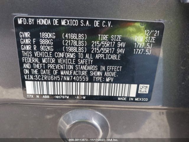 3CZRU6H57NM740559 Honda Hr-v Awd Ex