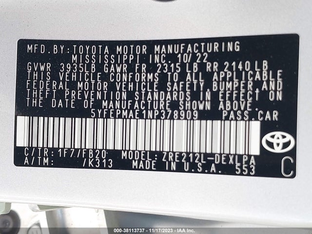 Toyota COROLLA LE 2022 5YFEPMAE1NP378909 Image 9