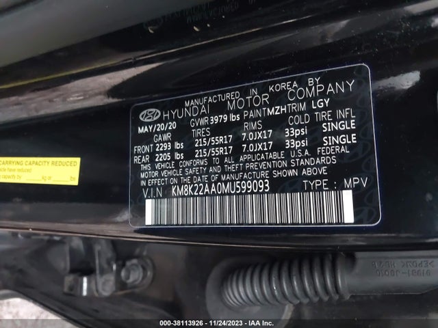 2021 HYUNDAI KONA SEL VIN: KM8K22AA0MU599093