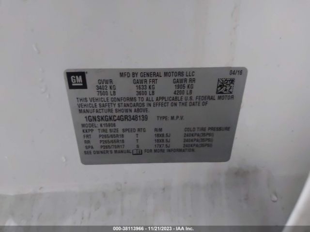 2016 CHEVROLET SUBURBAN 1GNSKGKC4GR348139 Photo 8