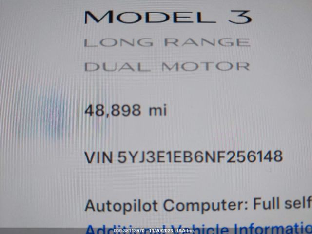 5YJ3E1EB6NF256148 Tesla Model 3 Long Range Dual Motor All-wheel Drive