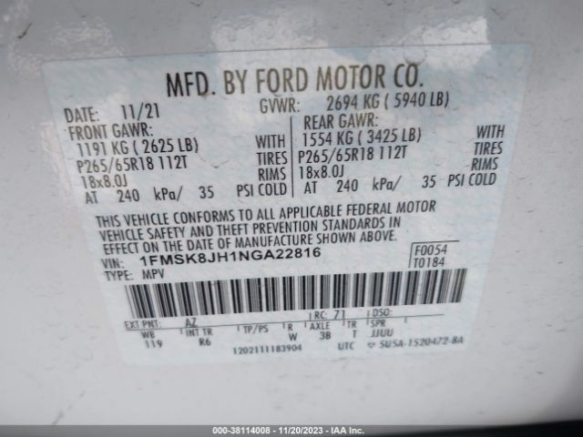 1FMSK8JH1NGA22816 Ford Explorer Timberline