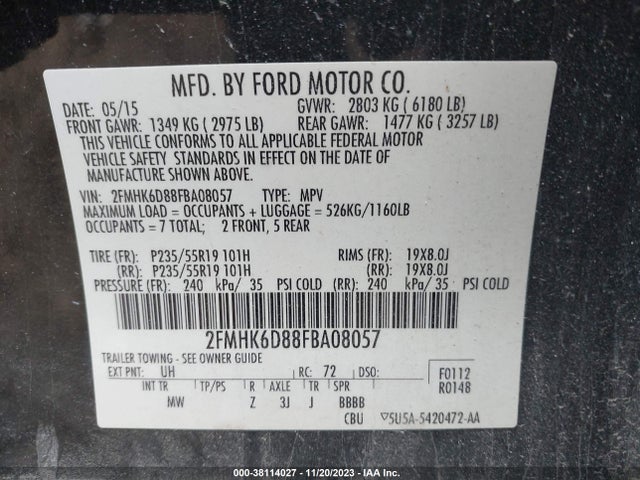 2015 FORD FLEX LIMITED VIN: 2FMHK6D88FBA08057