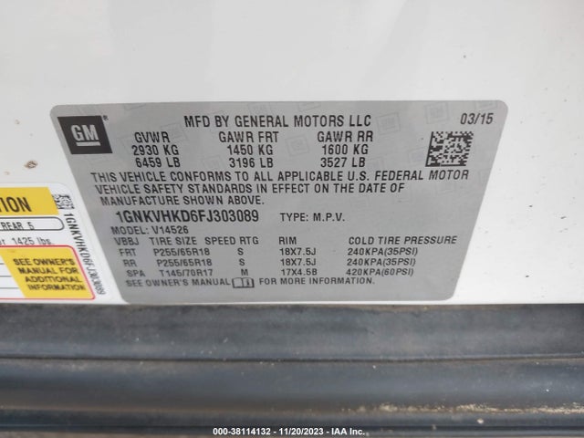 Chevrolet Traverse Lt 2015 1GNKVHKD6FJ303089 Image 9