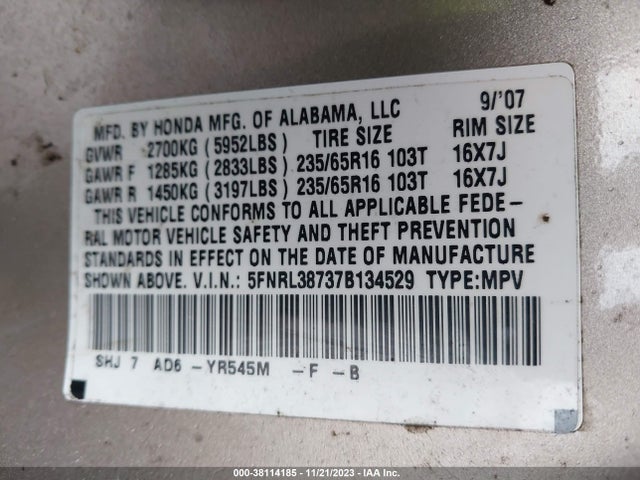 2007 HONDA ODYSSEY EX-L VIN: 5FNRL38737B134529