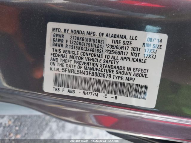5FNRL5H43FB003679 Honda ODYSSEY EX