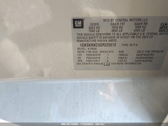 Chevrolet Suburban Lt 2016 1GNSKHKC0GR229915 Image 9