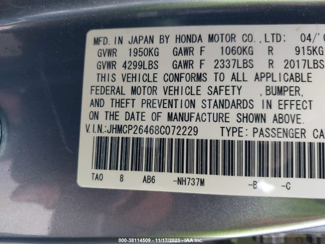 2008 HONDA ACCORD 2.4 LX-P VIN: JHMCP26468C072229