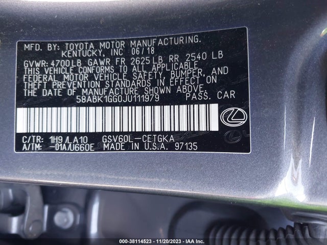 2018 LEXUS ES 350 VIN: 58ABK1GG0JU111979