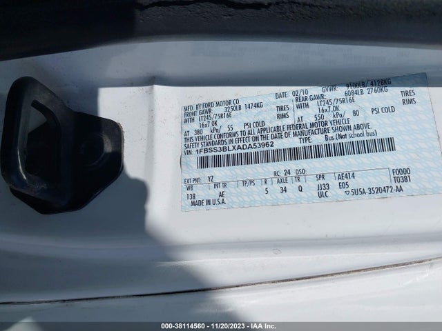 2010 FORD E-350 SUPER DUTY XL/XLT VIN: 1FBSS3BLXADA53962