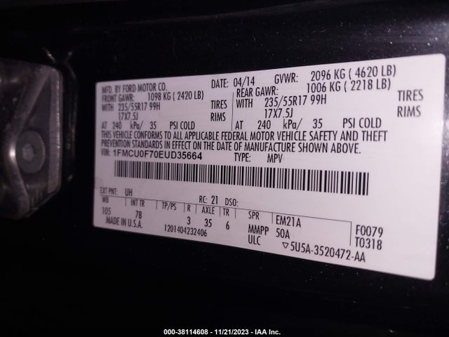 2014 FORD ESCAPE S VIN: 1FMCU0F70EUD35664
