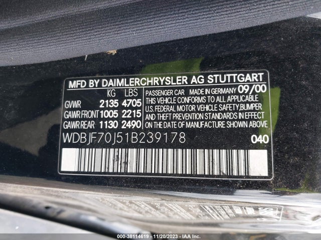 2001 MERCEDES-BENZ E-CLASS BASE (A5) VIN: WDBJF70J51B239178