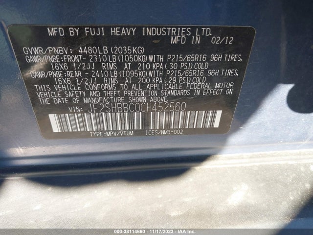 2012 SUBARU FORESTER 2.5X VIN: JF2SHBBC0CH452560