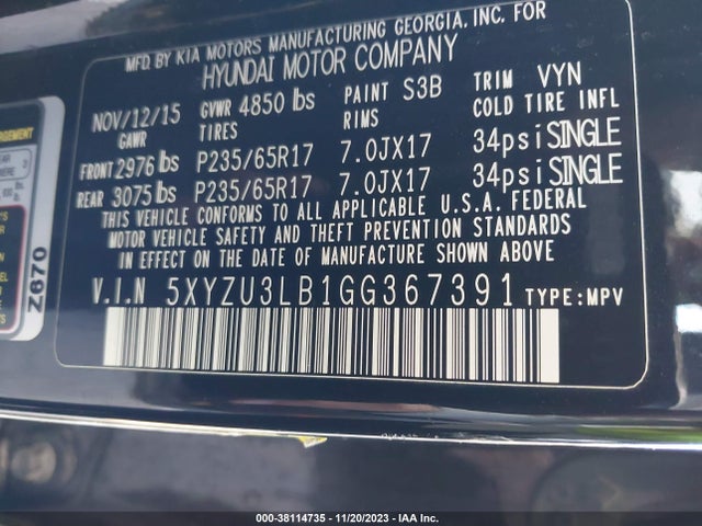 2016 HYUNDAI SANTA FE SPORT 2.4L VIN: 5XYZU3LB1GG367391