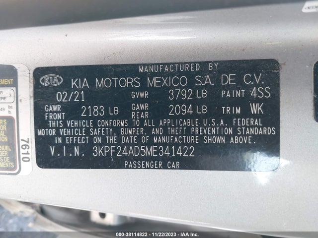 2021 KIA FORTE LXS VIN: 3KPF24AD5ME341422