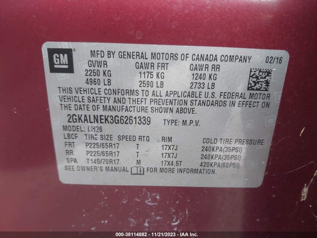 GMC Terrain Sle-2 2016 2GKALNEK3G6261339 Image 9