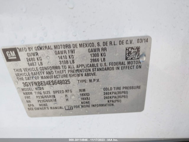 2014 CADILLAC SRX LUXURY COLLECTION VIN: 3GYFNBE34ES648025