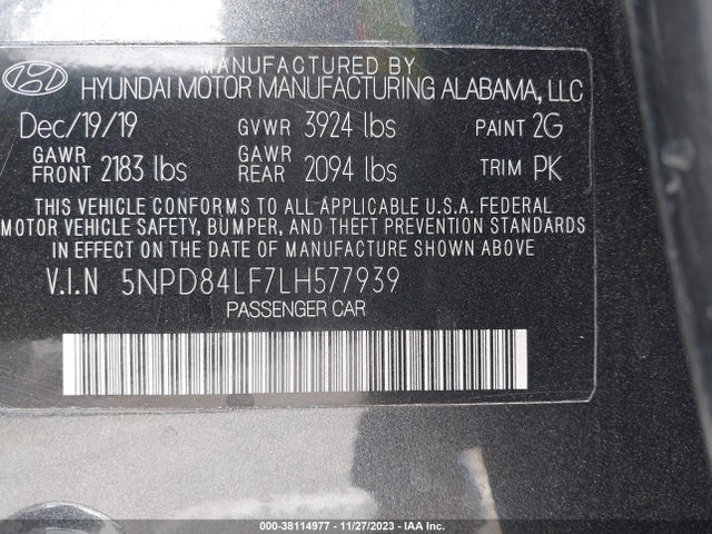 2020 HYUNDAI ELANTRA SEL VIN: 5NPD84LF7LH577939