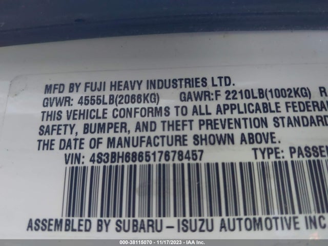 2001 SUBARU LEGACY OUTBACK LTD VIN: 4S3BH686517678457