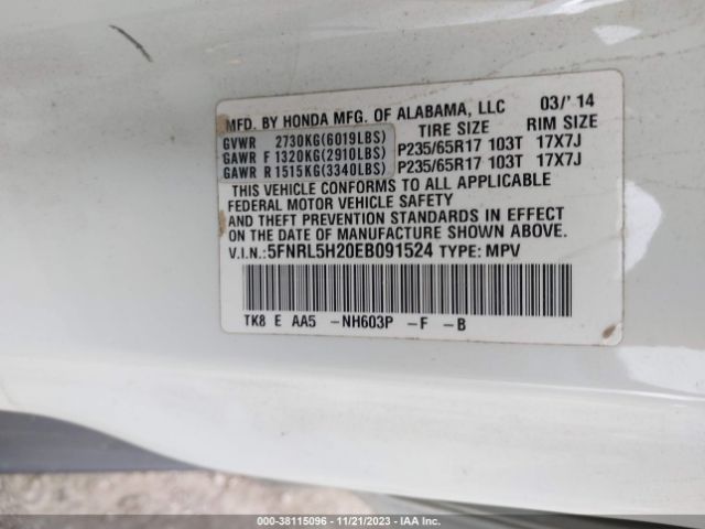 5FNRL5H20EB091524 Honda ODYSSEY LX