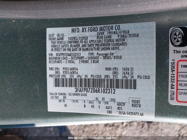 2006 FORD FUSION SE VIN: 3FAFP07Z06R102312