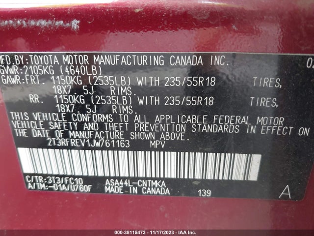 2018 TOYOTA RAV4 ADVENTURE VIN: 2T3RFREV1JW761163