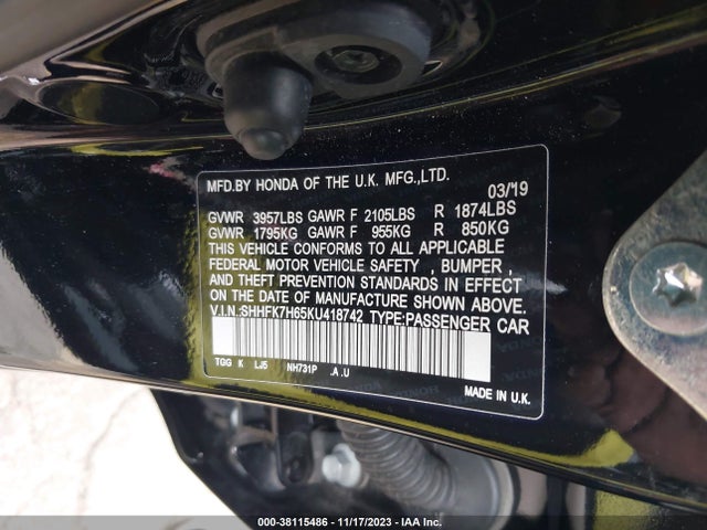 Honda CIVIC EX 2019 SHHFK7H65KU418742 Image 9