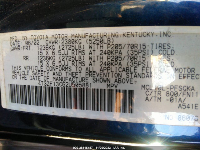 2002 TOYOTA SIENNA LE VIN: 4T3ZF13C62U505881