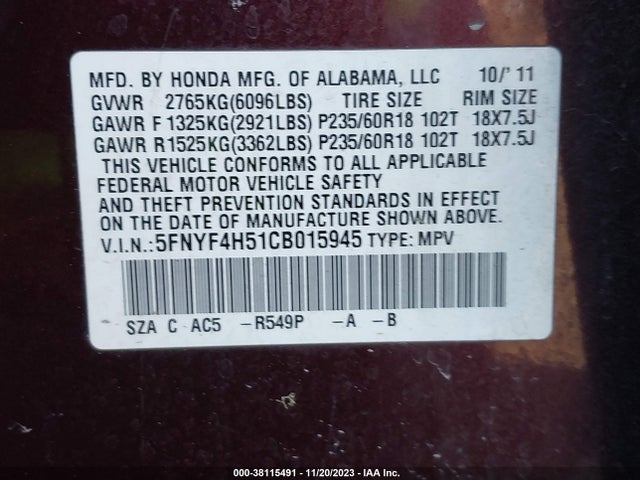 2012 HONDA PILOT EX-L VIN: 5FNYF4H51CB015945