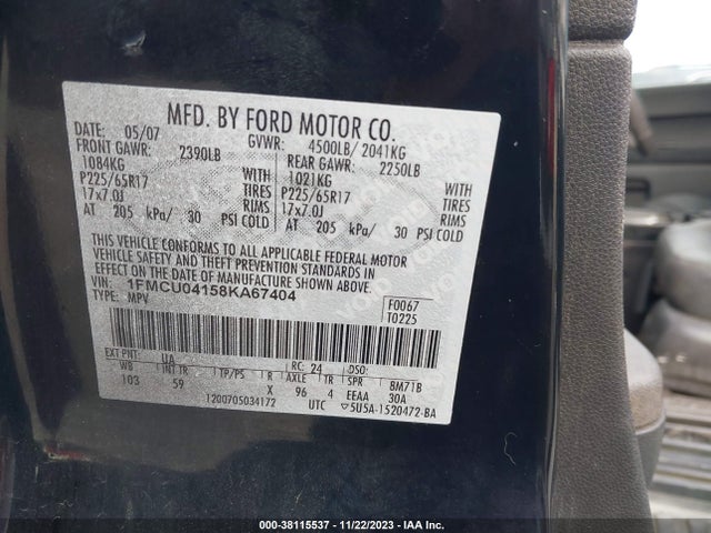 2008 FORD ESCAPE LIMITED VIN: 1FMCU04158KA67404