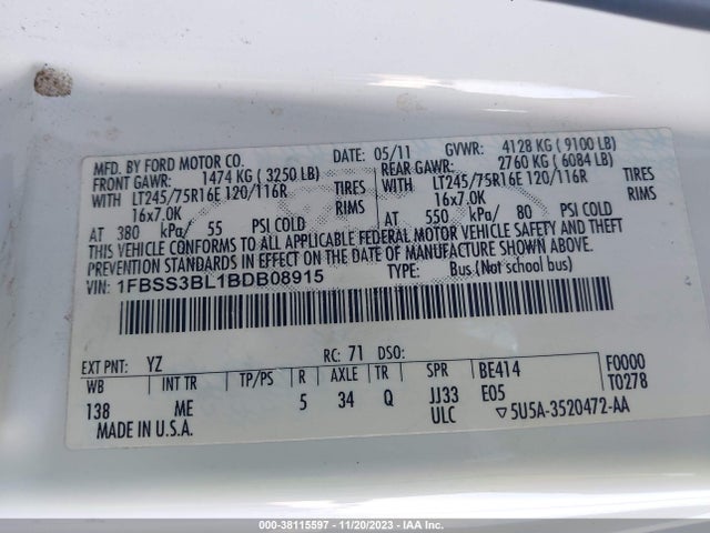 2011 FORD ECONOLINE WAGON XL/XLT VIN: 1FBSS3BL1BDB08915