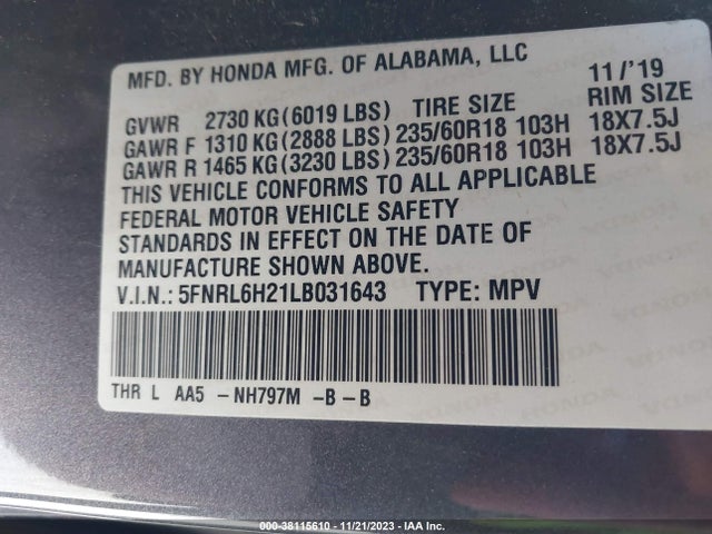 Honda ODYSSEY LX 2020 5FNRL6H21LB031643 Image 9
