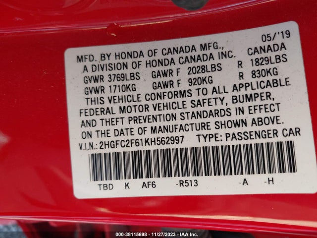 Honda Civic Lx 2019 2HGFC2F61KH562997 Image 9