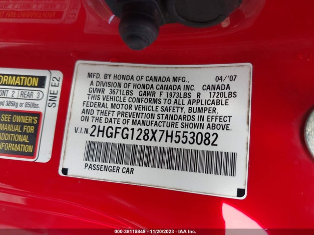 2007 HONDA CIVIC EX VIN: 2HGFG128X7H553082