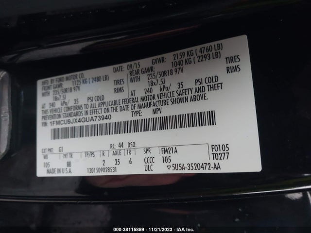 2016 FORD ESCAPE TITANIUM VIN: 1FMCU9JX4GUA73940