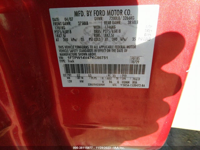2007 FORD F-150 XLT/LARIAT/FX4 VIN: 1FTPW14V47KC86751
