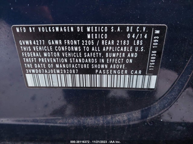 2014 VOLKSWAGEN JETTA 1.8T SE VIN: 3VWD07AJ0EM292087