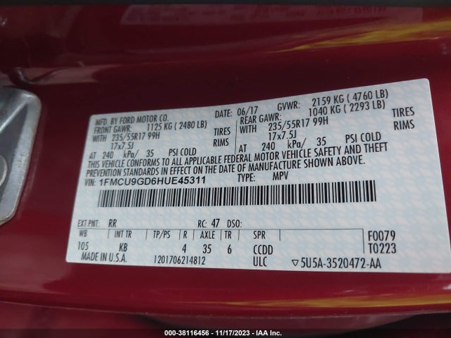 2017 FORD ESCAPE SE VIN: 1FMCU9GD6HUE45311