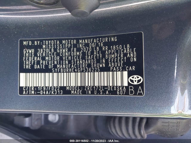 2016 TOYOTA COROLLA S PLUS VIN: 5YFBURHE4GP536225