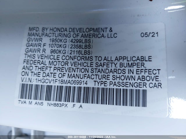 2021 HONDA ACCORD LX VIN: 1HGCV1F18MA069914