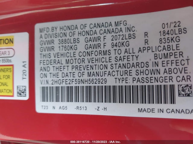 2022 HONDA CIVIC SPORT VIN: 2HGFE2F59NH562929