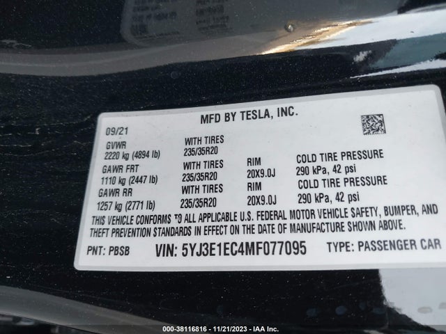 2021 TESLA MODEL 3 PERFORMANCE DUAL MOTOR ALL-WHEEL DRIVE VIN: 5YJ3E1EC4MF077095