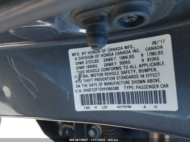 2017 HONDA CIVIC EX VIN: 2HGFC2F72HH566588